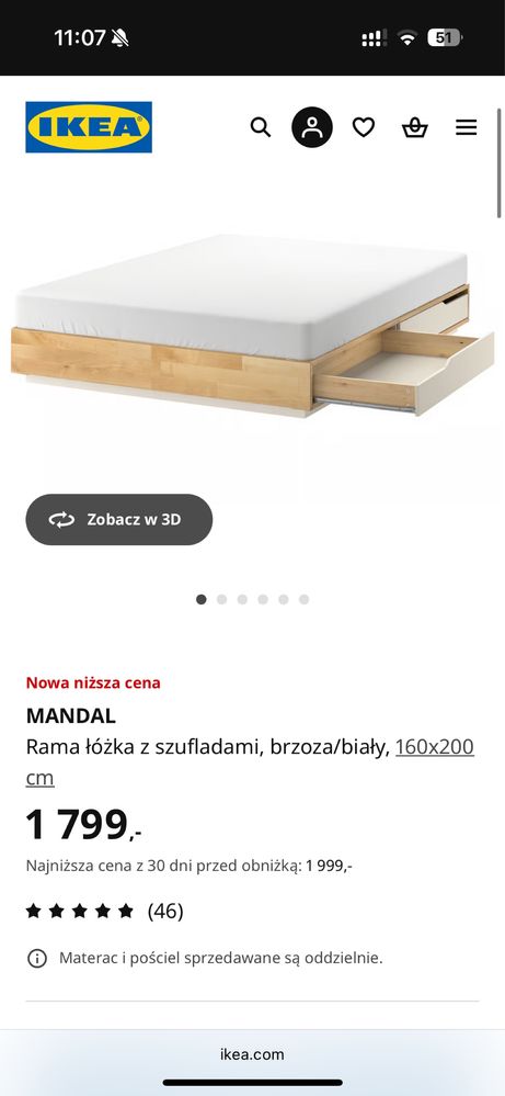 Łóżko IKEA MANDAL 140x200 z zagłówkiem + materac VESTEROY - jak NOWE!!
