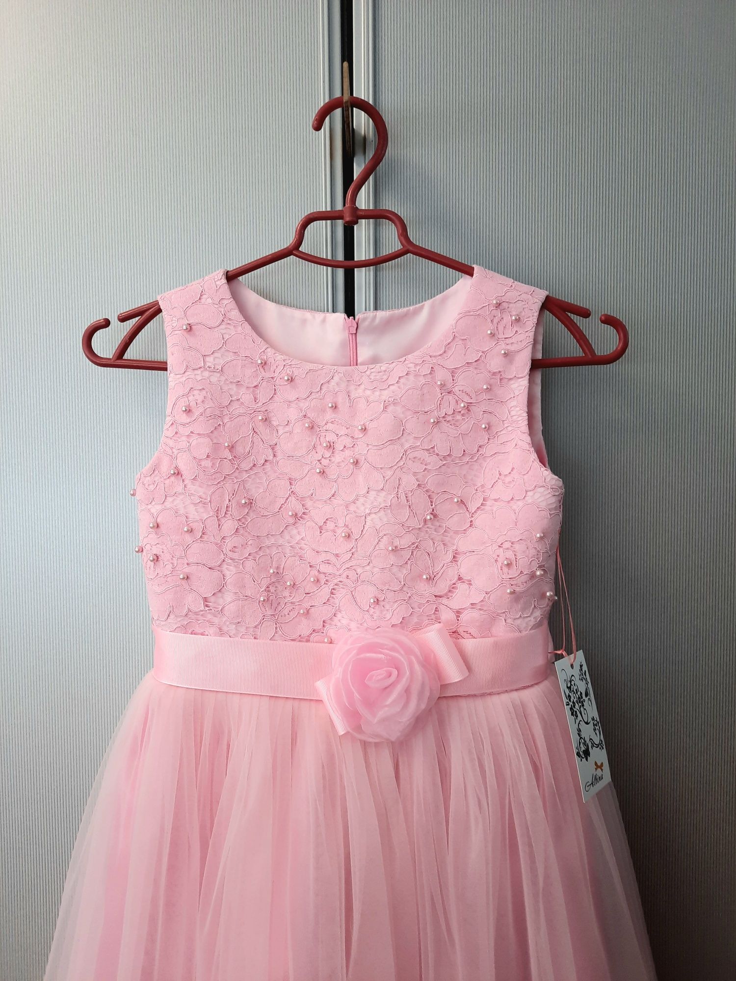 Сукня дитяча святкова ніжно- рожева БУСІНКА  на 8-9 років