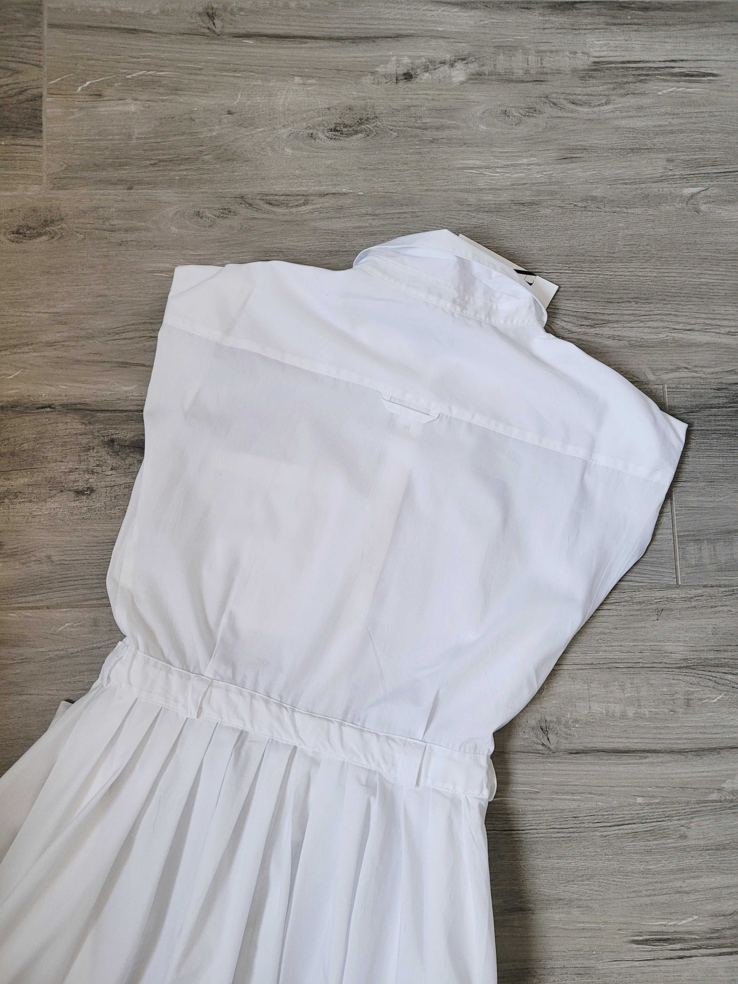 Bawełniana koszulowa popelinowa sukienka midi Zara kieszenie wiązanie
