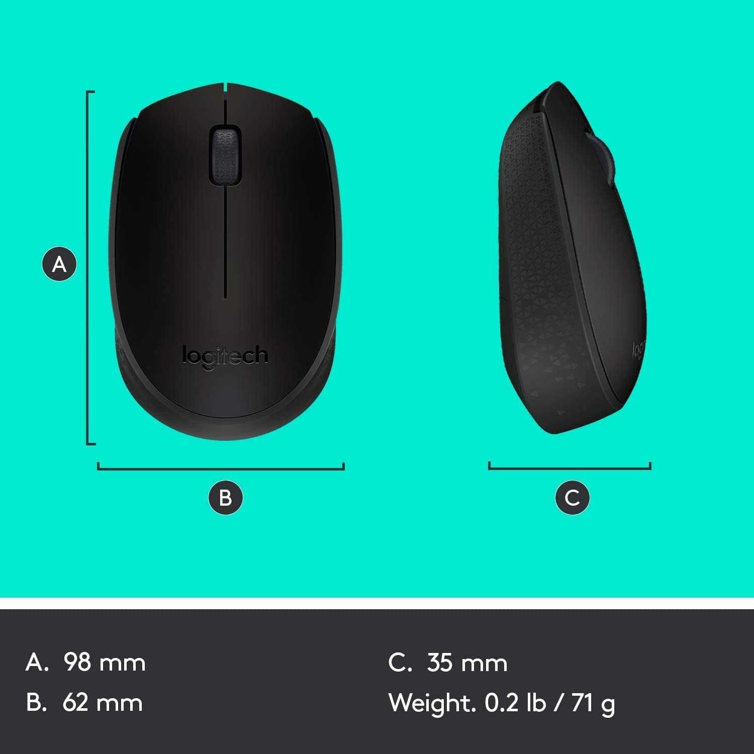 Myszka bezprzewodowa  Logitech 171 czarna dógość 98 mm szerokość 65 mm
