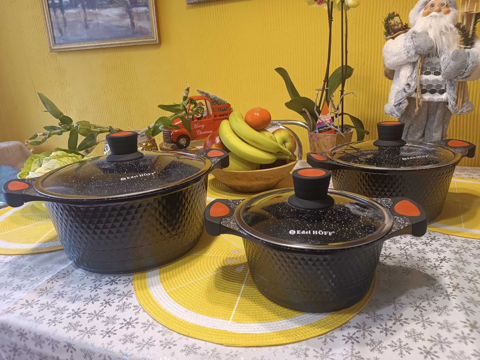 Zestaw ciężkich garnków marmurowo-ceramicznych na gaz indukcję
