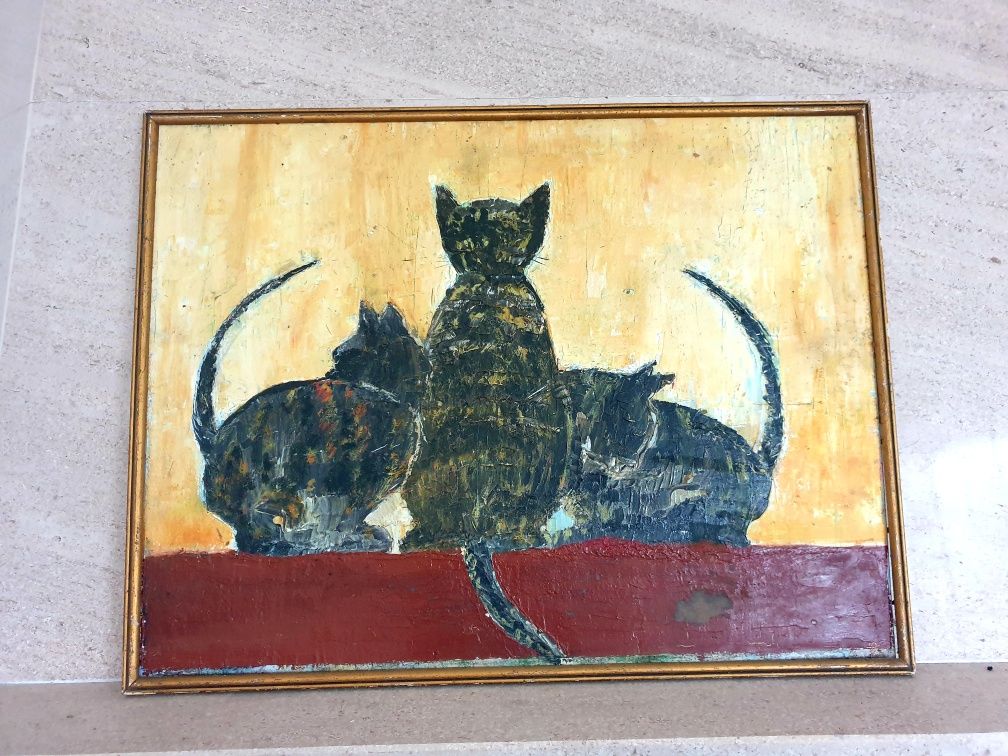 GATOS linda pintura em óleo sobre platex - Ribeiro