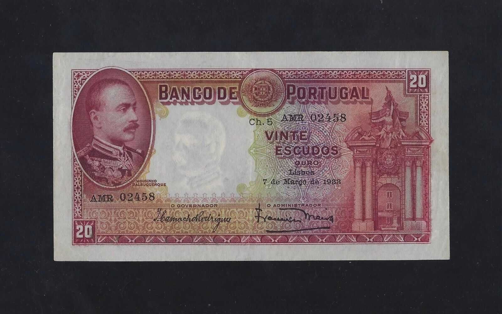 nota Portugal 20 Escudos 1933 bela