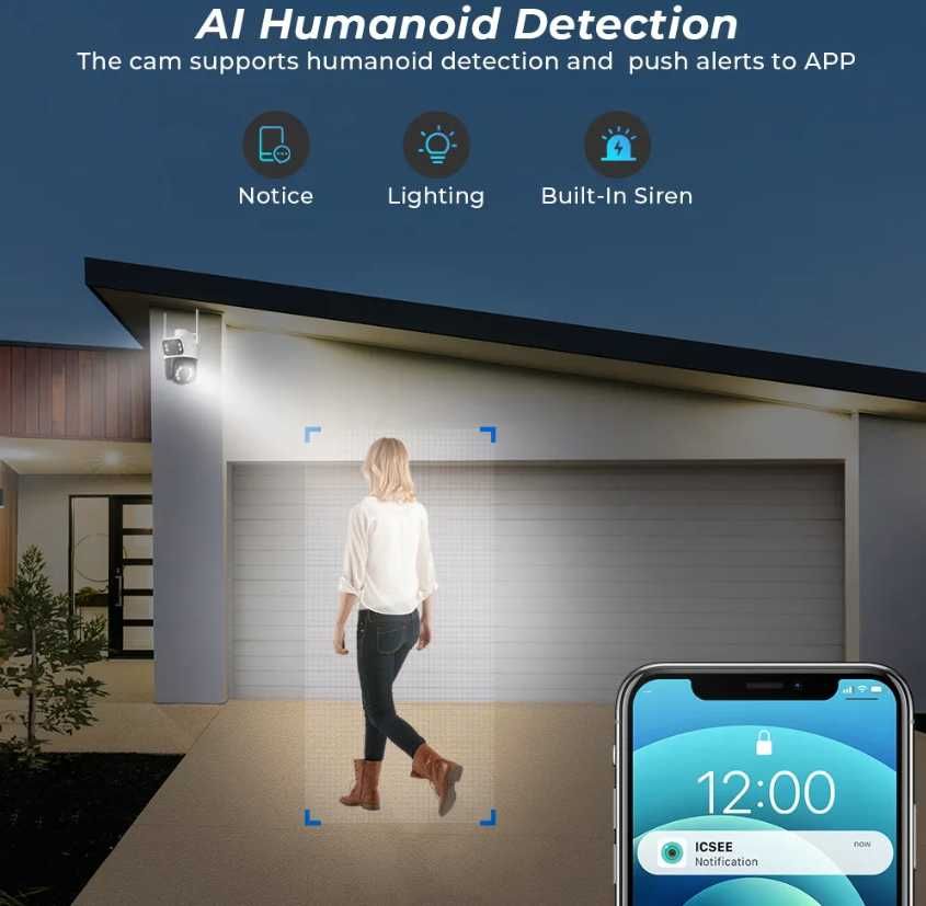 Nowa Kamera WIFI Bluetooth 4MP AI Human Detekcja Ruchu Dwa Obiektywy