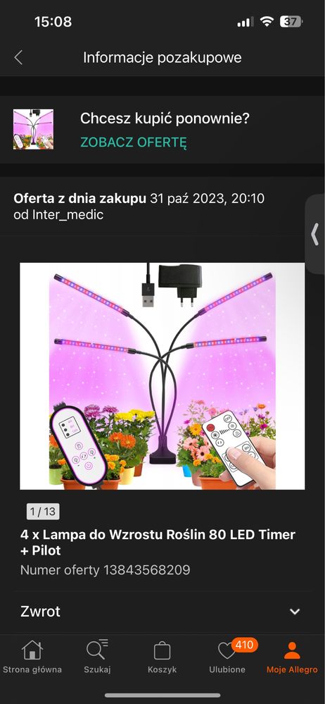 Lampa do wzrostu roślin poczwórna z adapterem sieciowym i pilotem