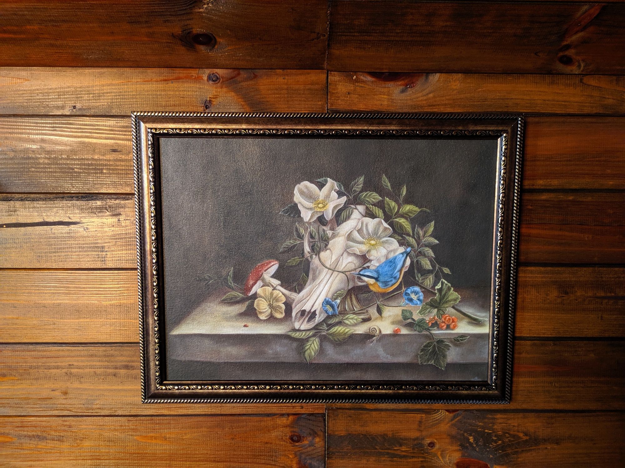 Картина олією Натюрморт «Череп лисиці з повзиком та мухомором"