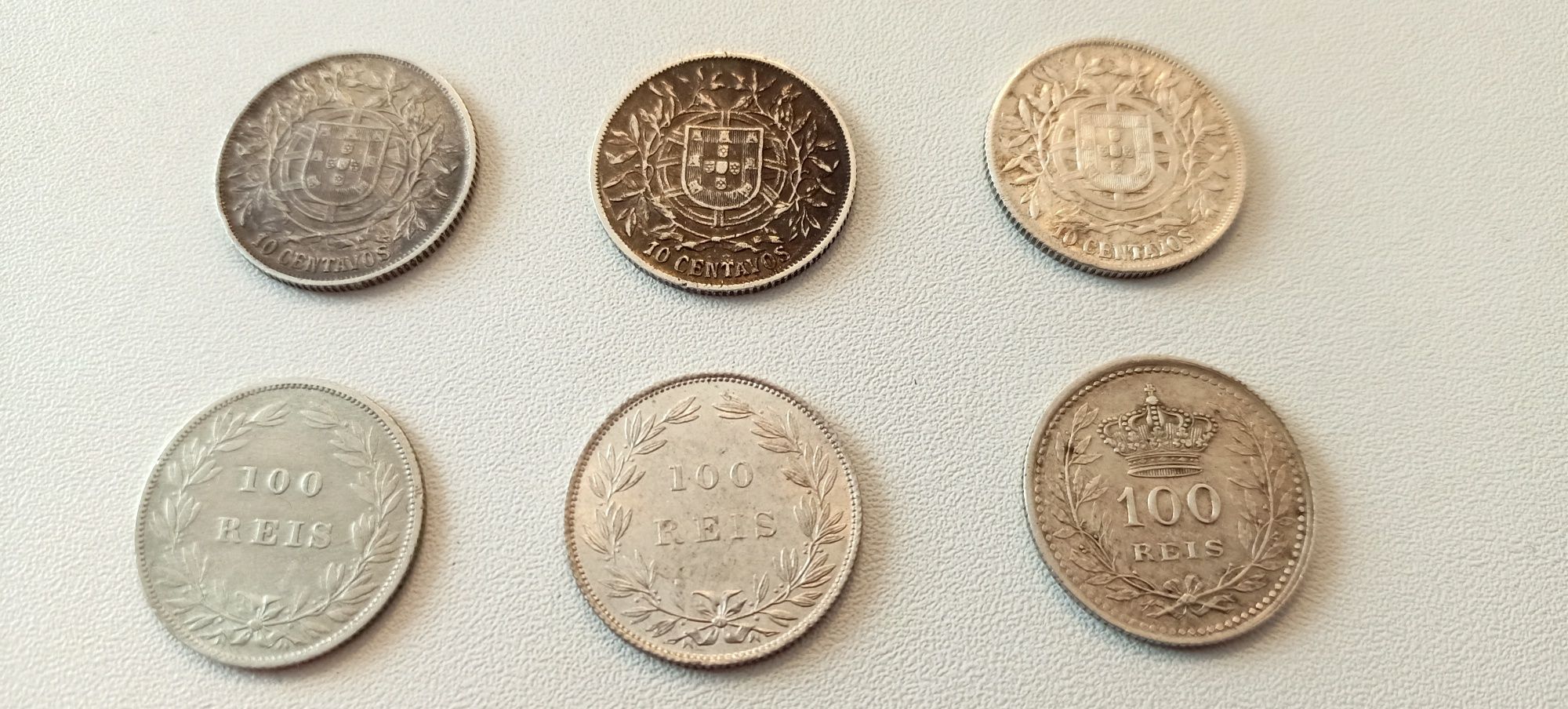 Moedas de Portugal - 6 Moedas de Prata (3x 10 Centavos  + 3x 100 Reis)