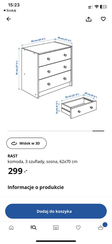 Ikea drewniana komoda Rast 3 szuflady sosna 62x70