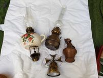 Conjunto de belas peças vintage em cobre e vidro para coleccionar