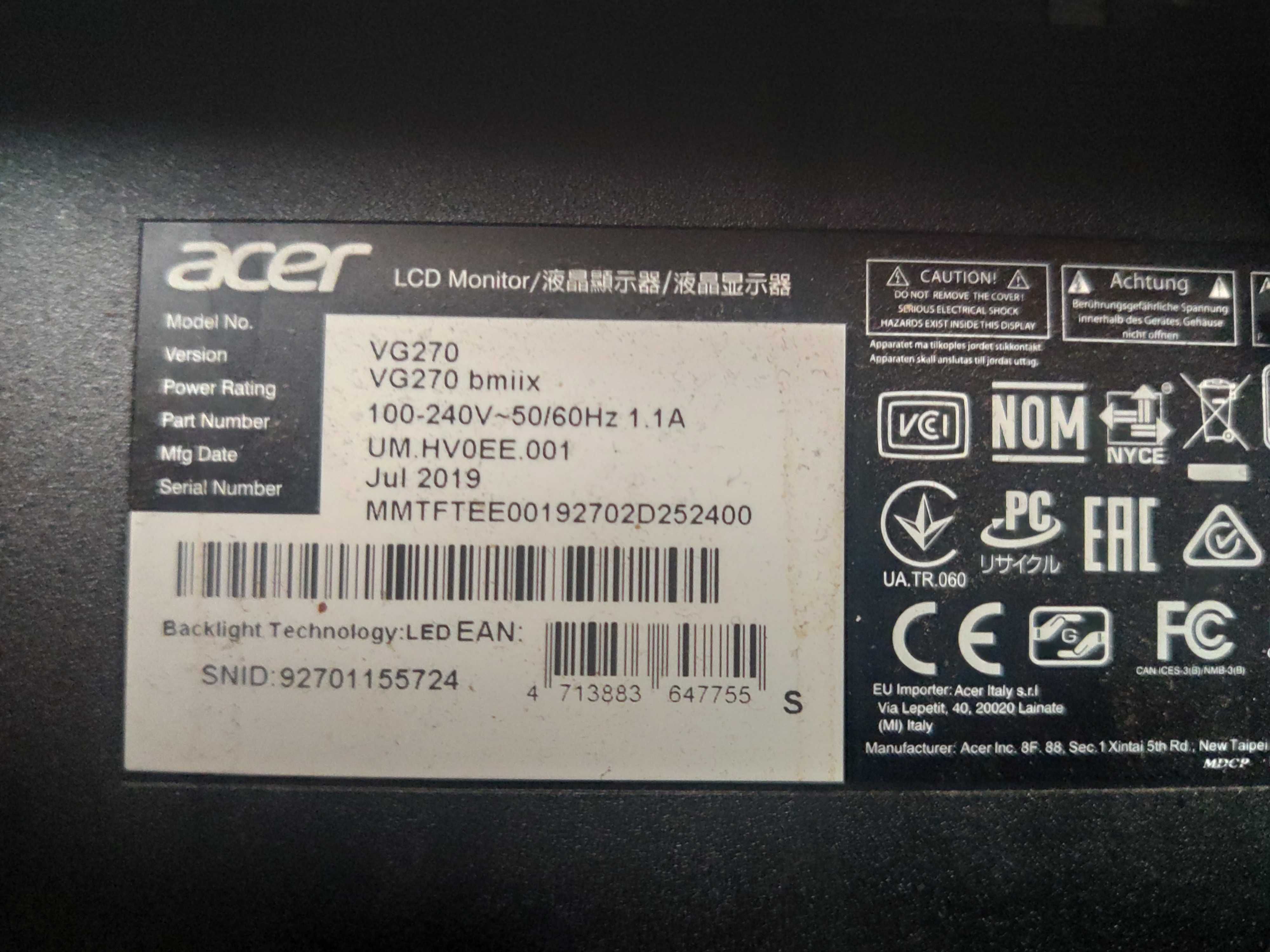 Monitor 27" Acer Nitro VG270BMIIX