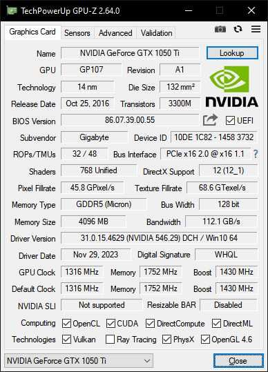 Видеокарта Gigabyte GeForce GTX 1050 Ti OC 4Gb GDDR5 комплект в идеале