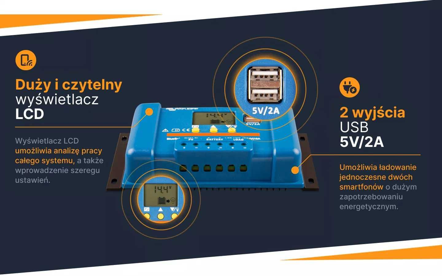 Kontroler Ładowania BlueSolar PWM-LCD&USB 12/24V-10A