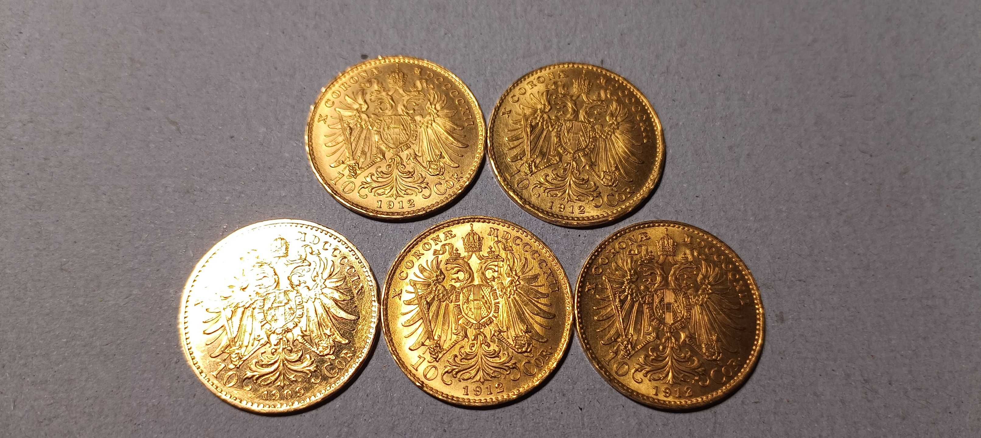 Złote monety 10 koron Austria - Oryginalne - 5 sztuk