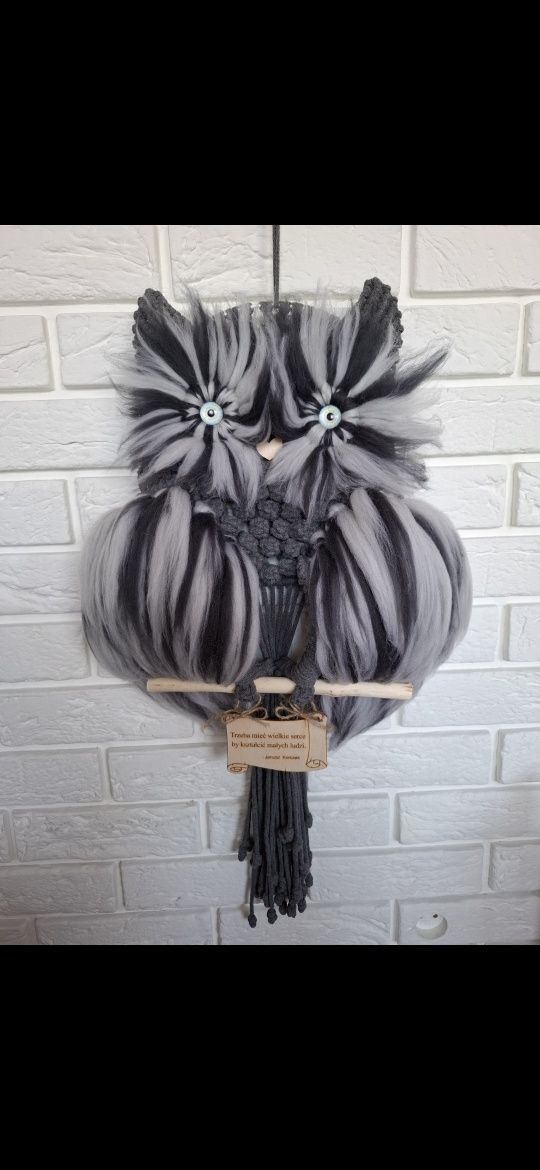 Makrama sowa ozdoba na salonu sypialni na prezent HANDMADE puchacz