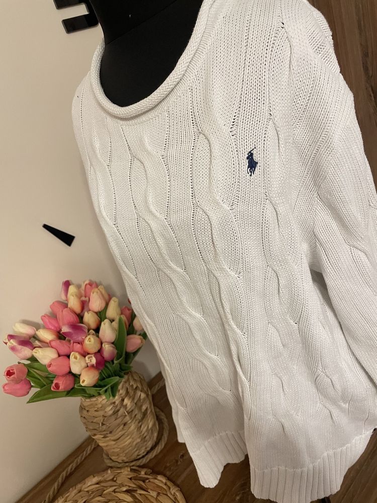 Damski biały sweter Ralph Lauren warkocze bawełniany XL