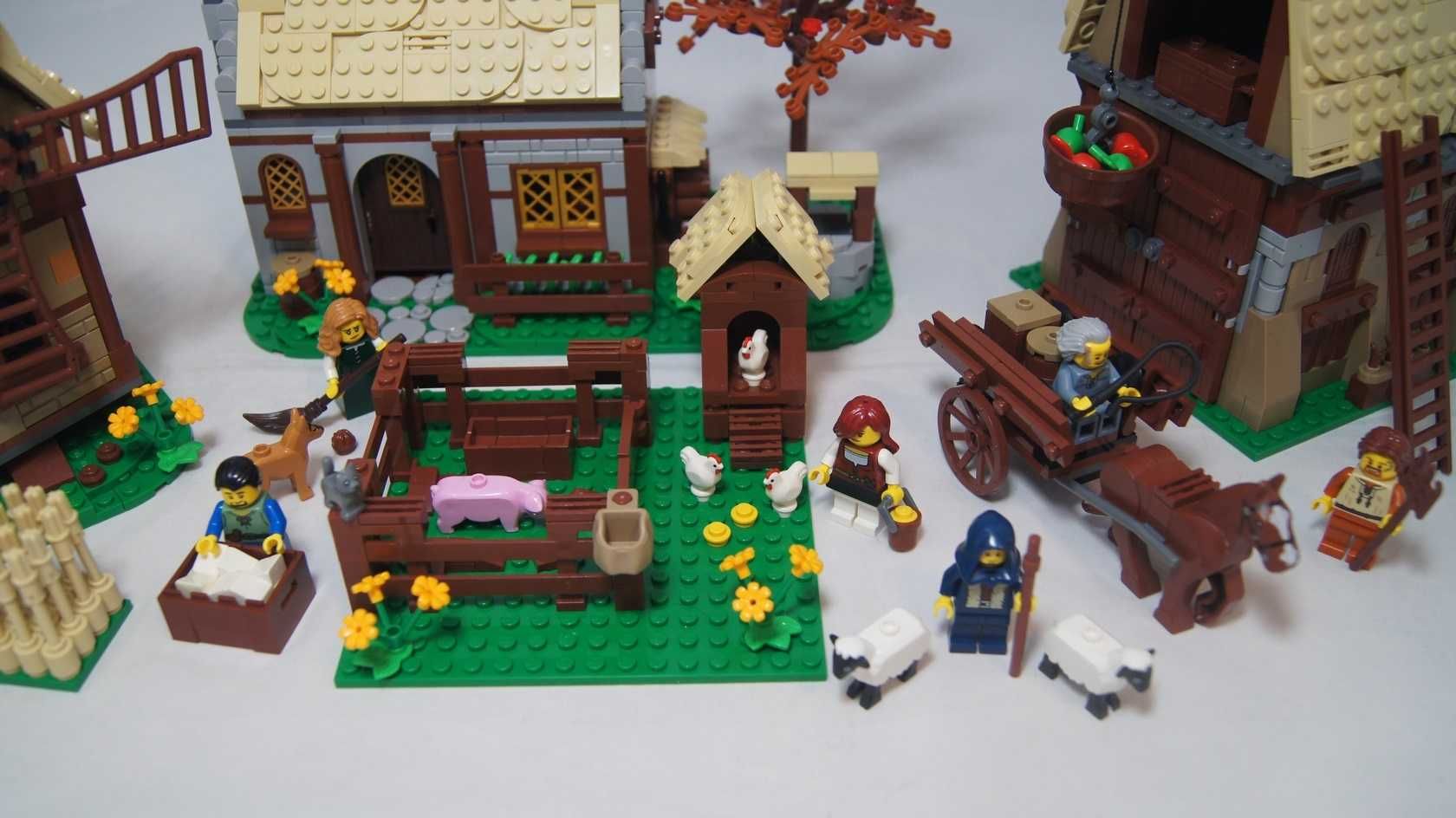 Lego MOC Średniowieczna Wioska Castle figurki zwierzęta stodoła młyn
