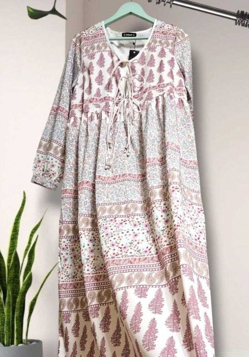 Длинное платье в принт с завязками и длинным рукавом Sheilay, р. L