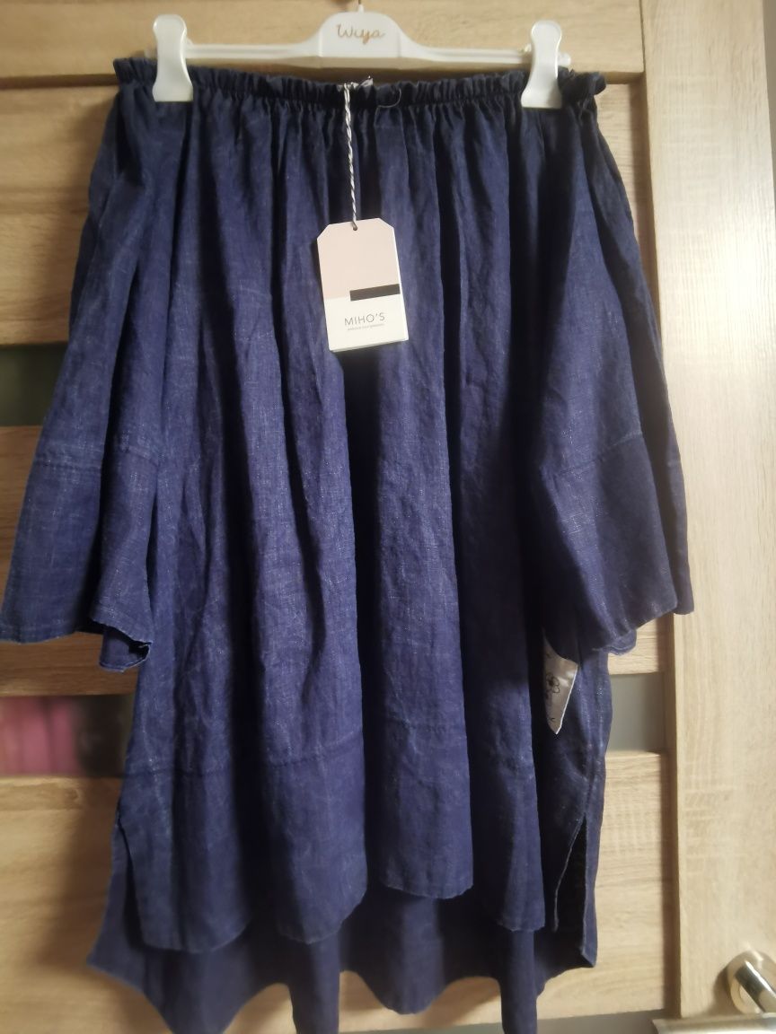 Granatowa świetna lniana hiszpanka Miho's oversize okazja  len
