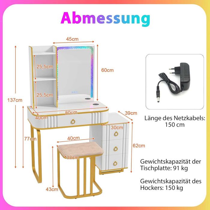 Toaletka kosmetyczna z lustrem szafką taboretem i oświetleniem RGB LED