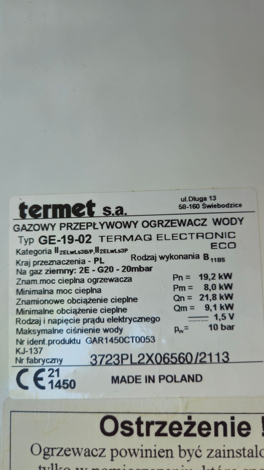 Piecyk gazowy TERMET