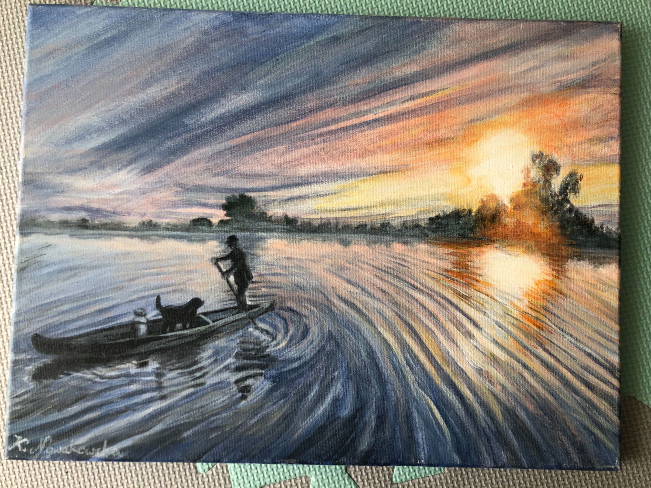 Obraz ręcznie malowany na płótnie rzeka, łódź,  na święta na prezent
