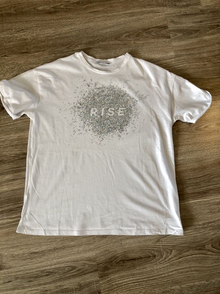 Zara biała bluzka srebrny napis Rise r.S