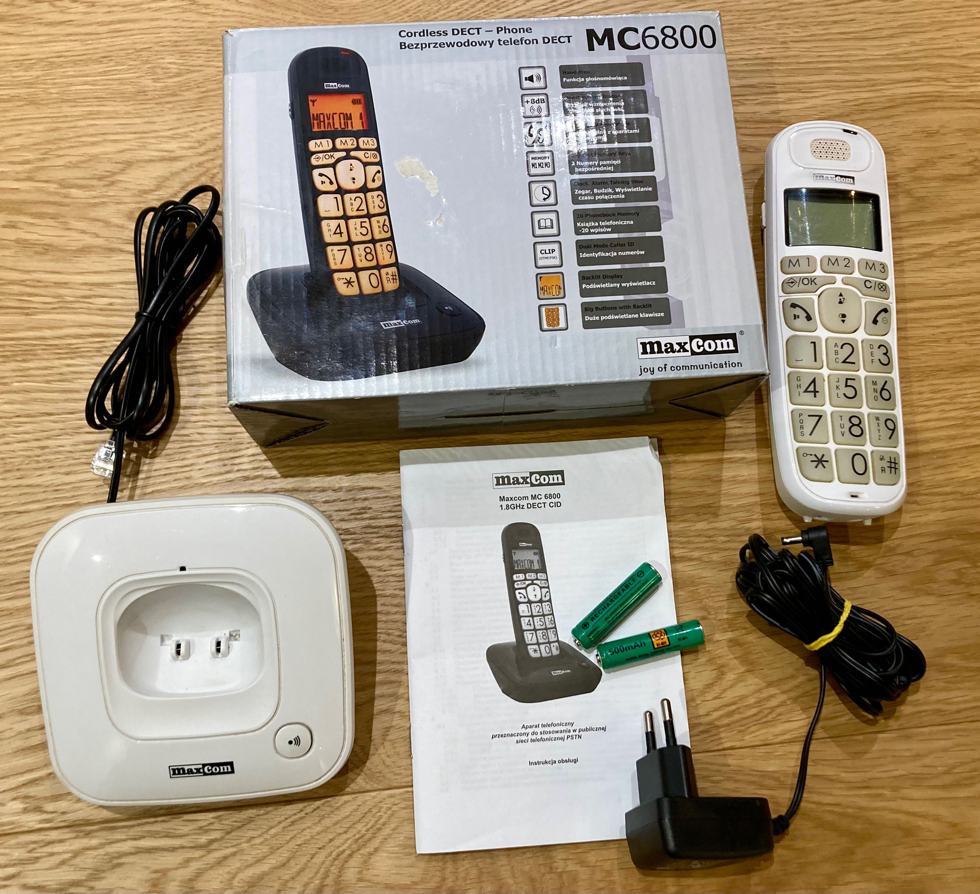 Telefon bezprzewodowy Maxcom  MC6800, biały, stacjonarny, cały komplet