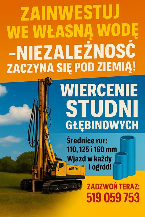 Wiercenie studni głębinowych  Woda za darmo GNIEZNO  + 50 km