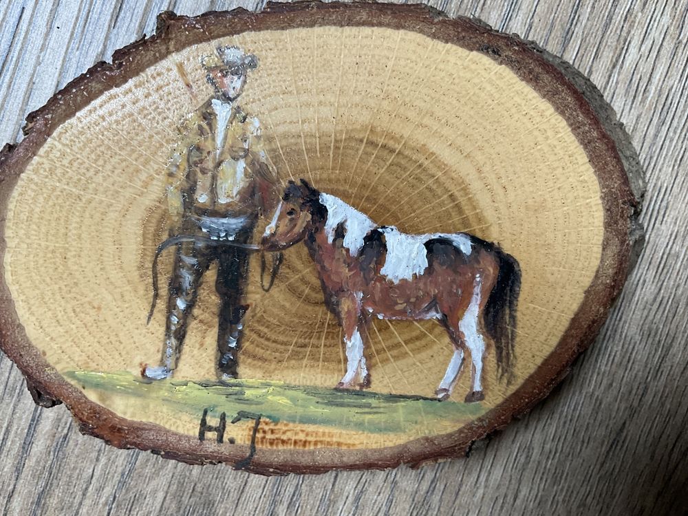 Malowane na Krążku Drewna Koń Kowboj 9 x 8 cm
