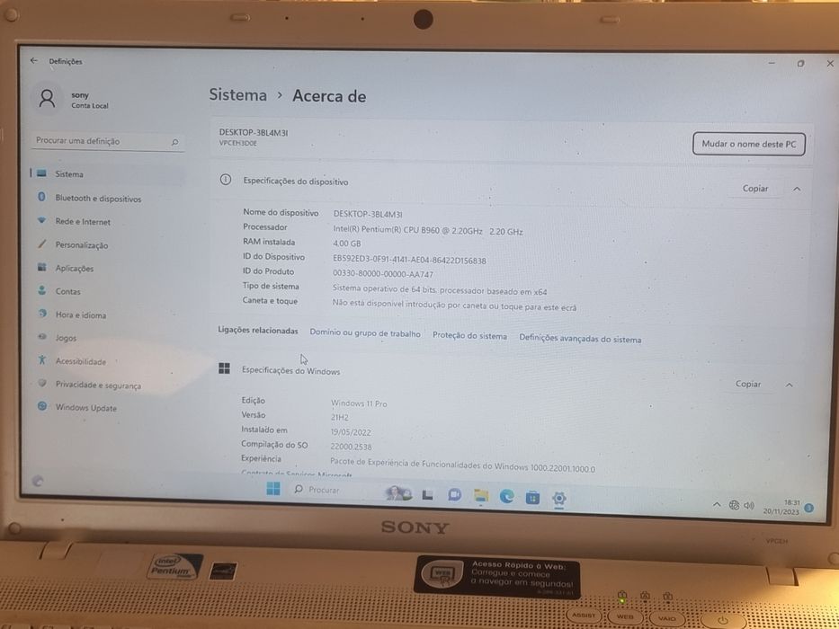 Portátil Sony Vaio Windows 11