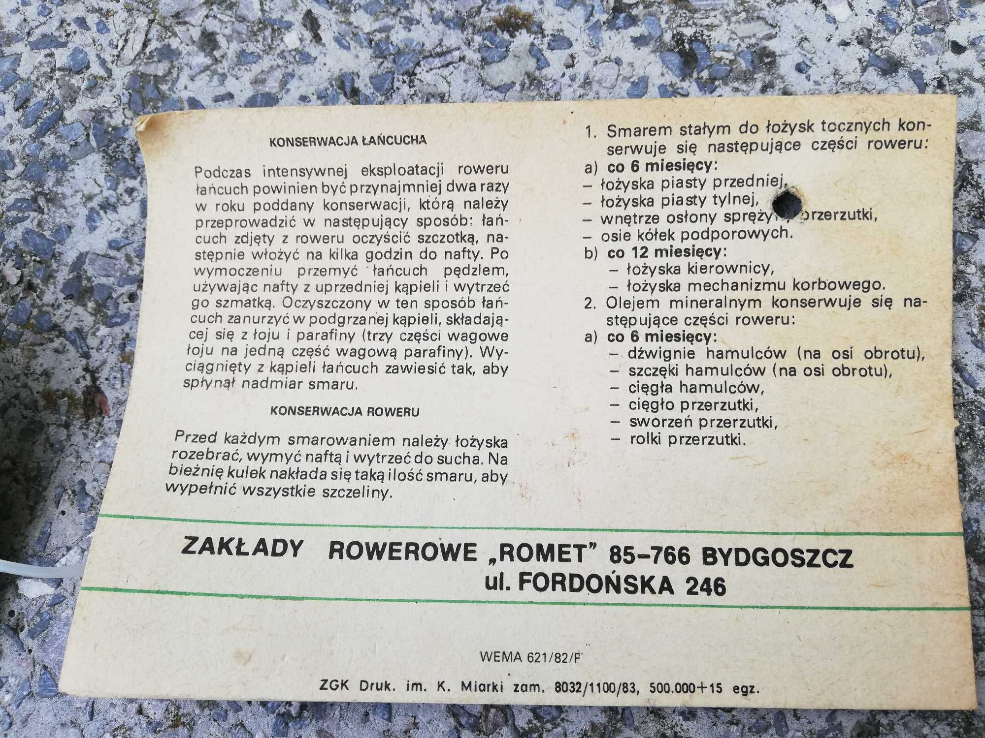 Instrukcja Obsługi Rowerów karta gw. ROMET IOR-02 TURING 2 zabytek PRL
