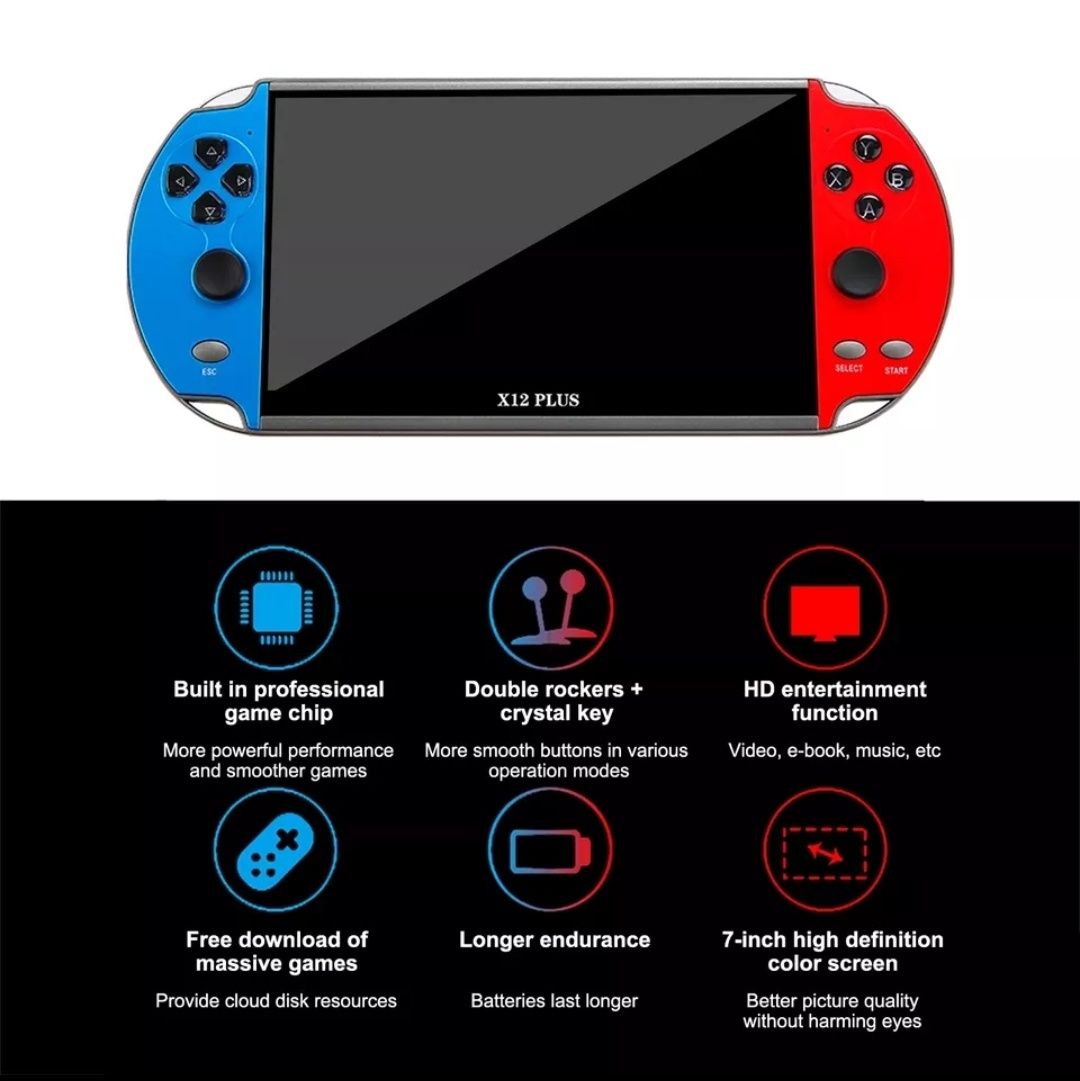 Consola Jogos portátil 7" X12 Plus ecrã IPS HD +1000 jogos clássicos