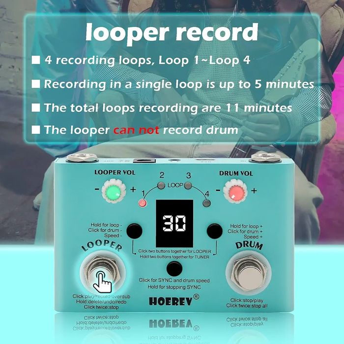 HOEREV  барабанна машина лупер тюнер петля педаль для гітари