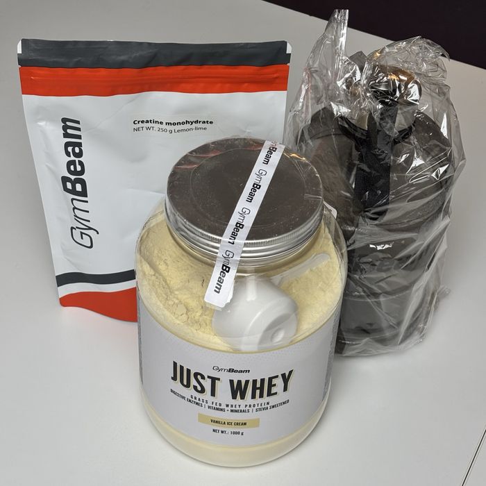 Nowe suplementy GymBeam – białko 1 kg + kreatyna 250 g + shaker