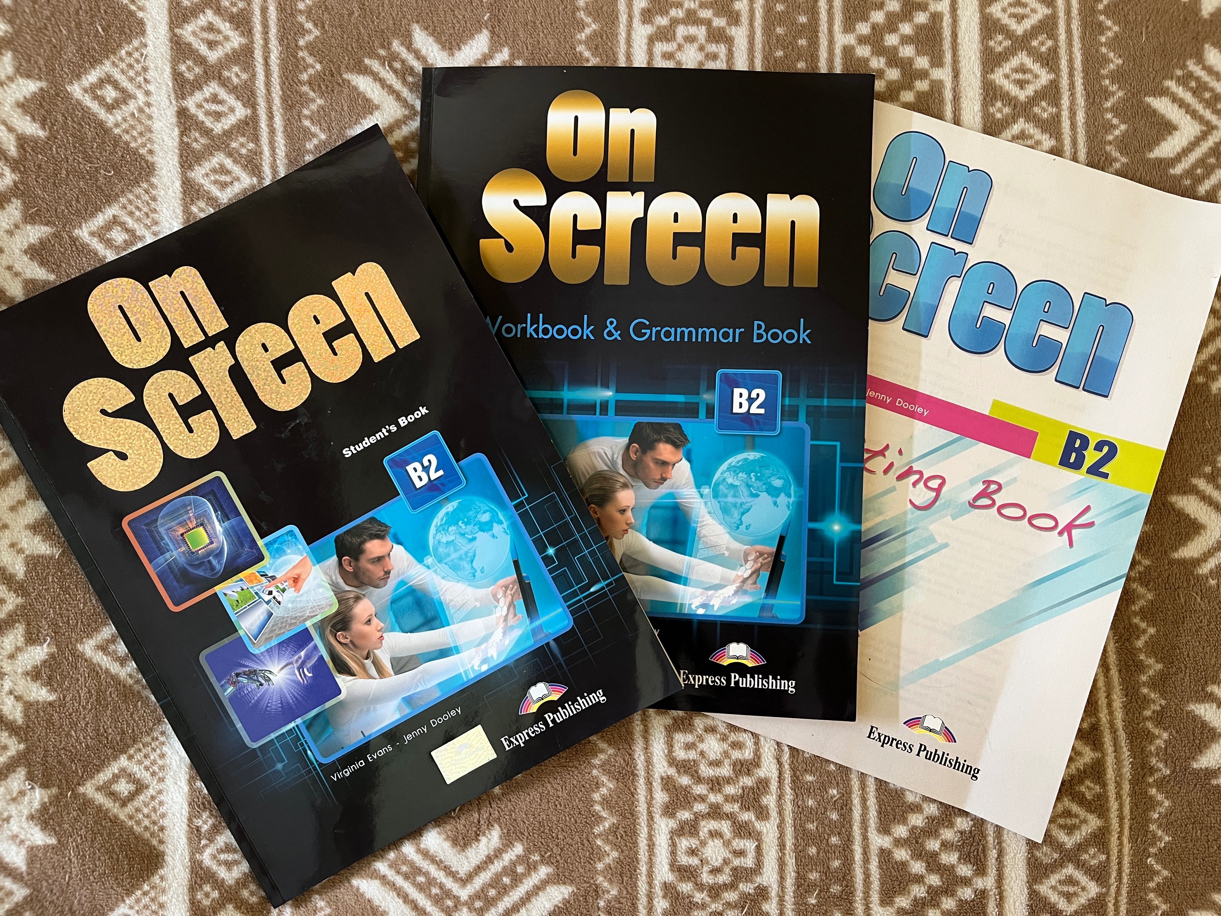 On Screen B2 Students book, Workbook, Grammar book, writing book.