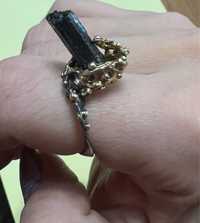 Кольцо с черным турмалином (шерлом) серебро 925 с позолотой