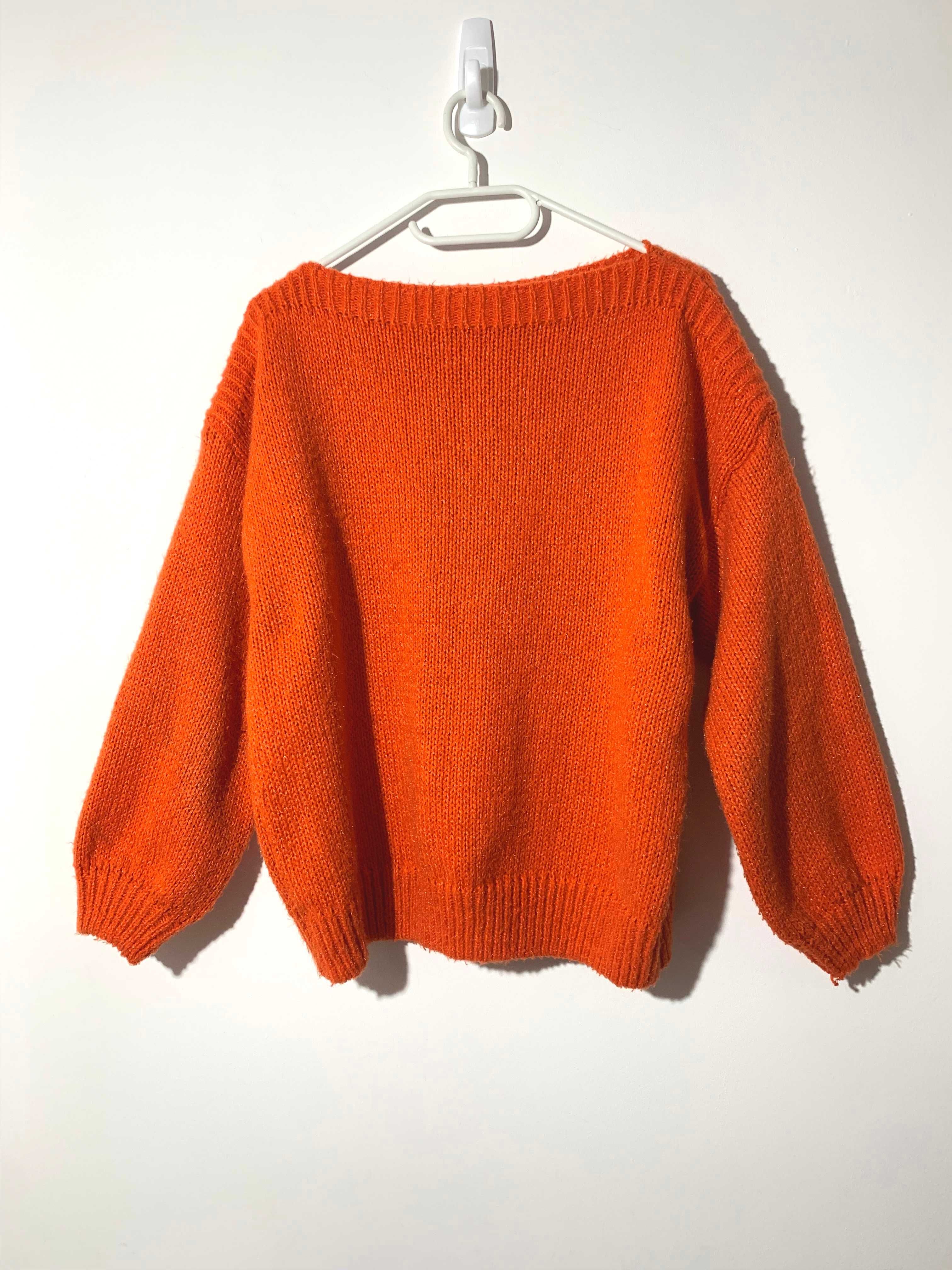 sweter żywy oranż pomarańcz M bufiaste rękawy 7/8 łódka S M oversize