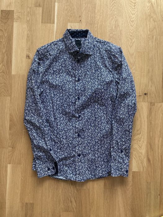 Elegancka koszula HM we wzory granatowa biała Premium Cotton Slim Fit