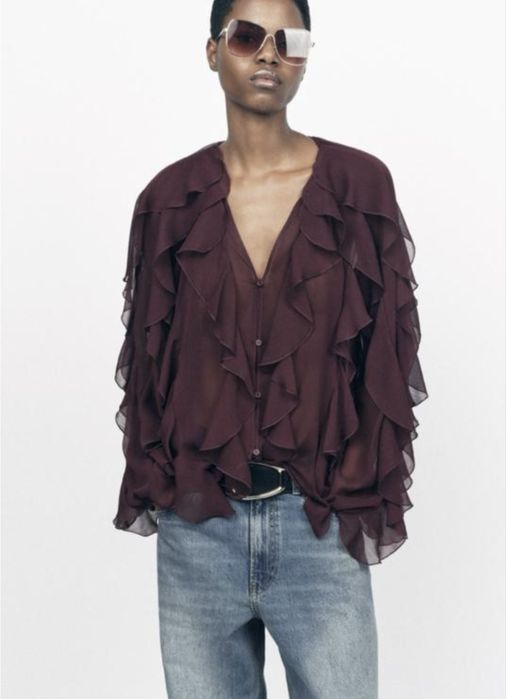 Блуза Zara з воланами бордо бургунді