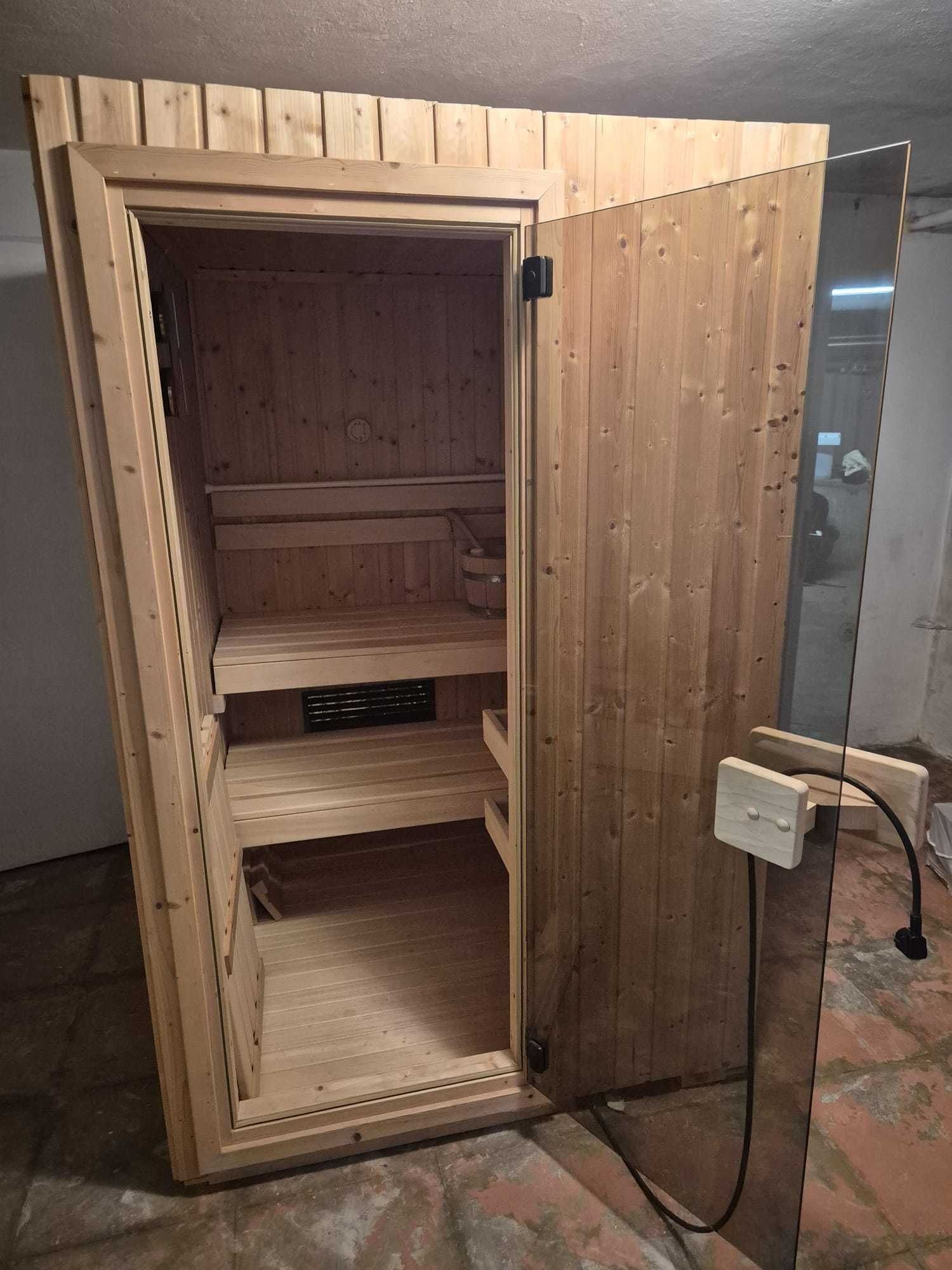 Sauna fińska sucha MAŁA piec 220V 230V ławki termometr wiadro KOMPLET