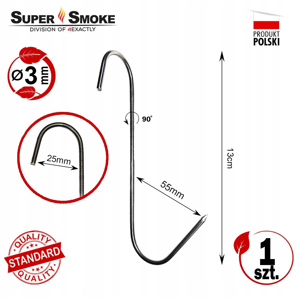 Hak Wędzarniczy typu "S" skręcony do mięs i wędlin 3mm 13cm Standard