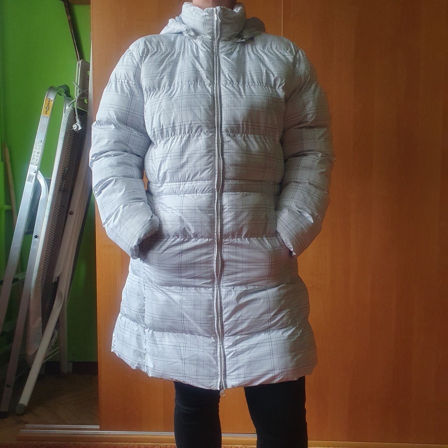 Płaszcz zimowy damski biały w kratkę XL