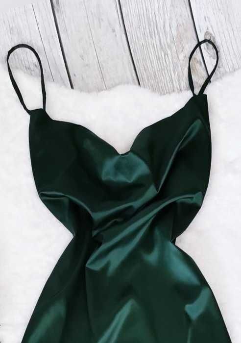 Elegancka Sukienka Satynowa Butelkowa Zielona Drapowana Regulowana M
