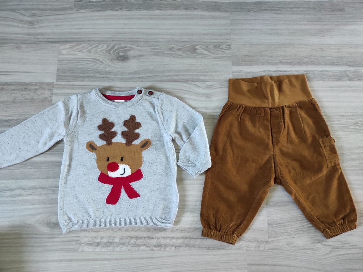 Świąteczny sweterek renifer i spodnie sztruksowe H&M 68