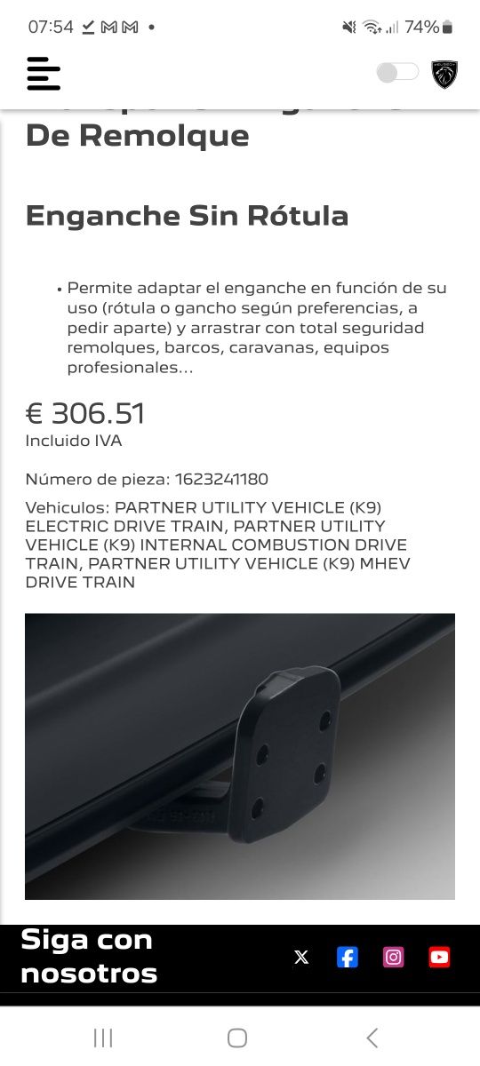 Sistema de engate de reboque Partner Berlingo Combo Proace