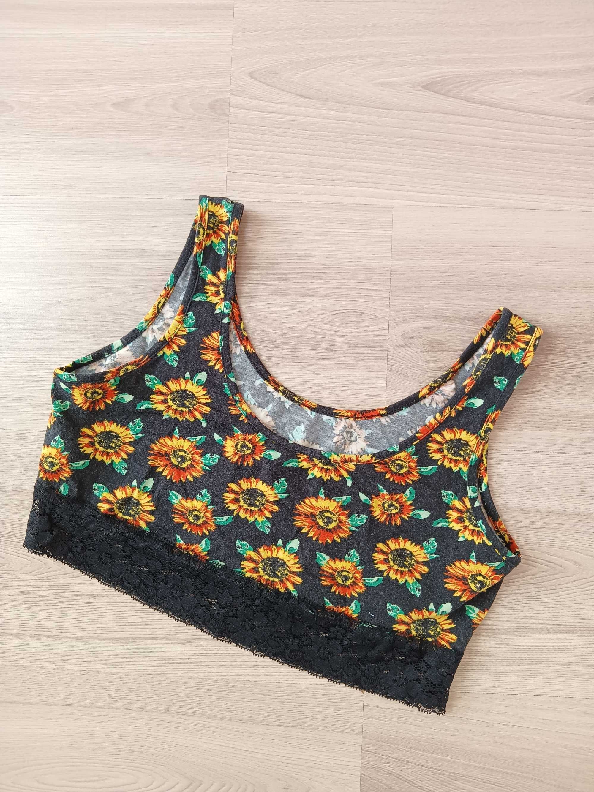 Crop top stanik czarny zółty słoneczniki koronka na ramiączkach M