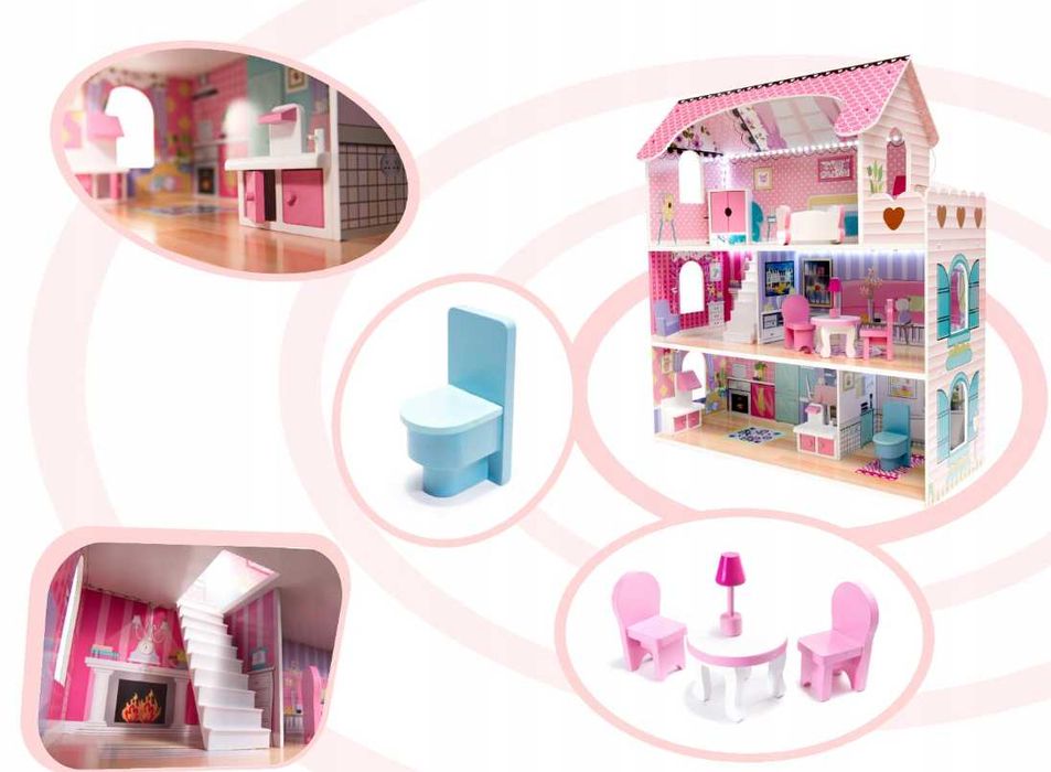Drewniany Domek dla Lalek XL 70cm + LED i Mebelki – Różowy (-20%)