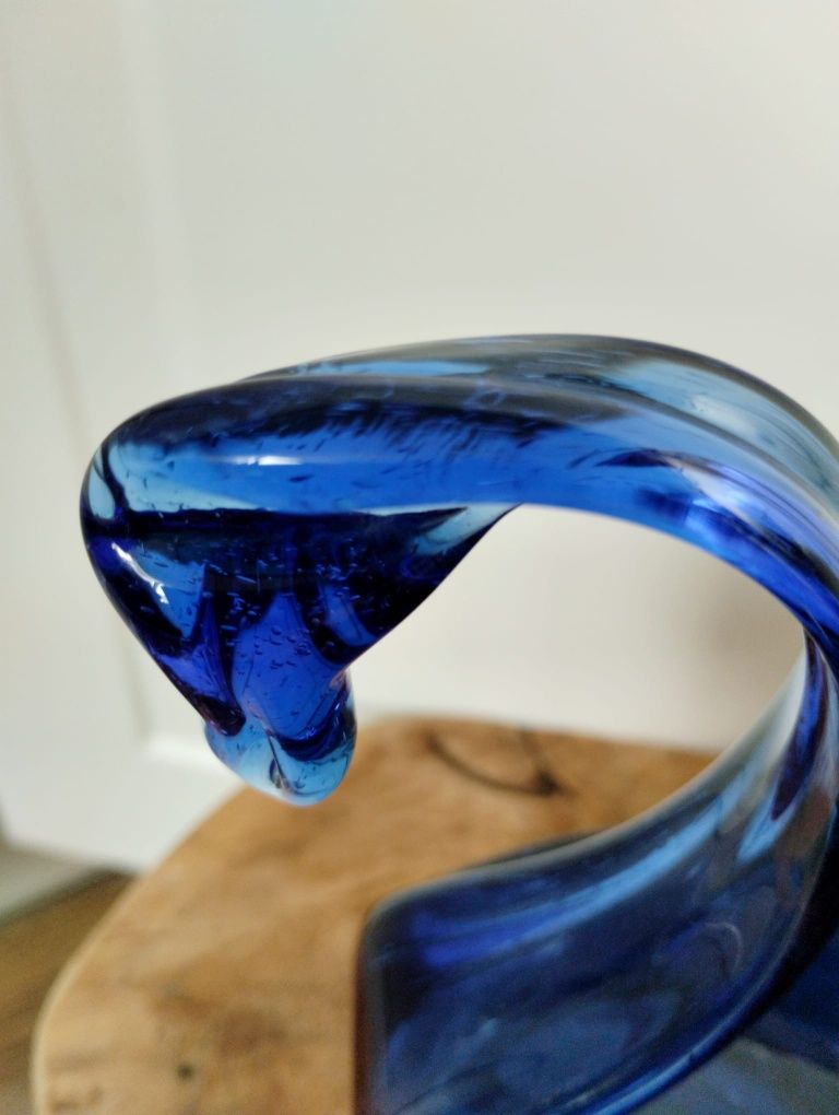 Łabędź ozdoba półmisek vintage szkło PRL kobaltowy handmade