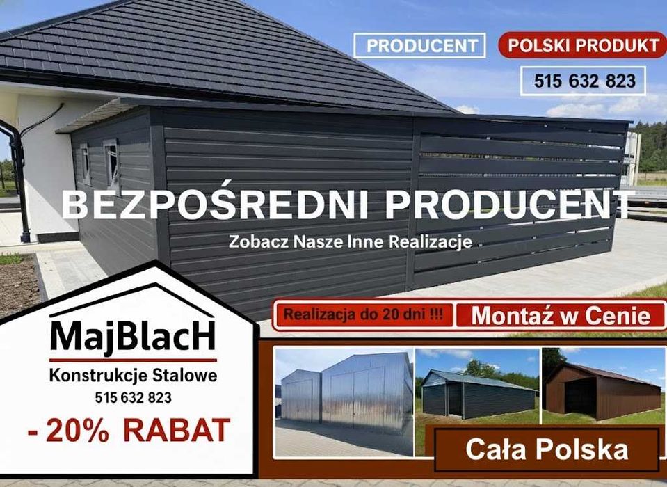 WIATA Otwarta  / ALTANA /CAROPORT na pojazd / ZADASZENIE   Maj-Blach