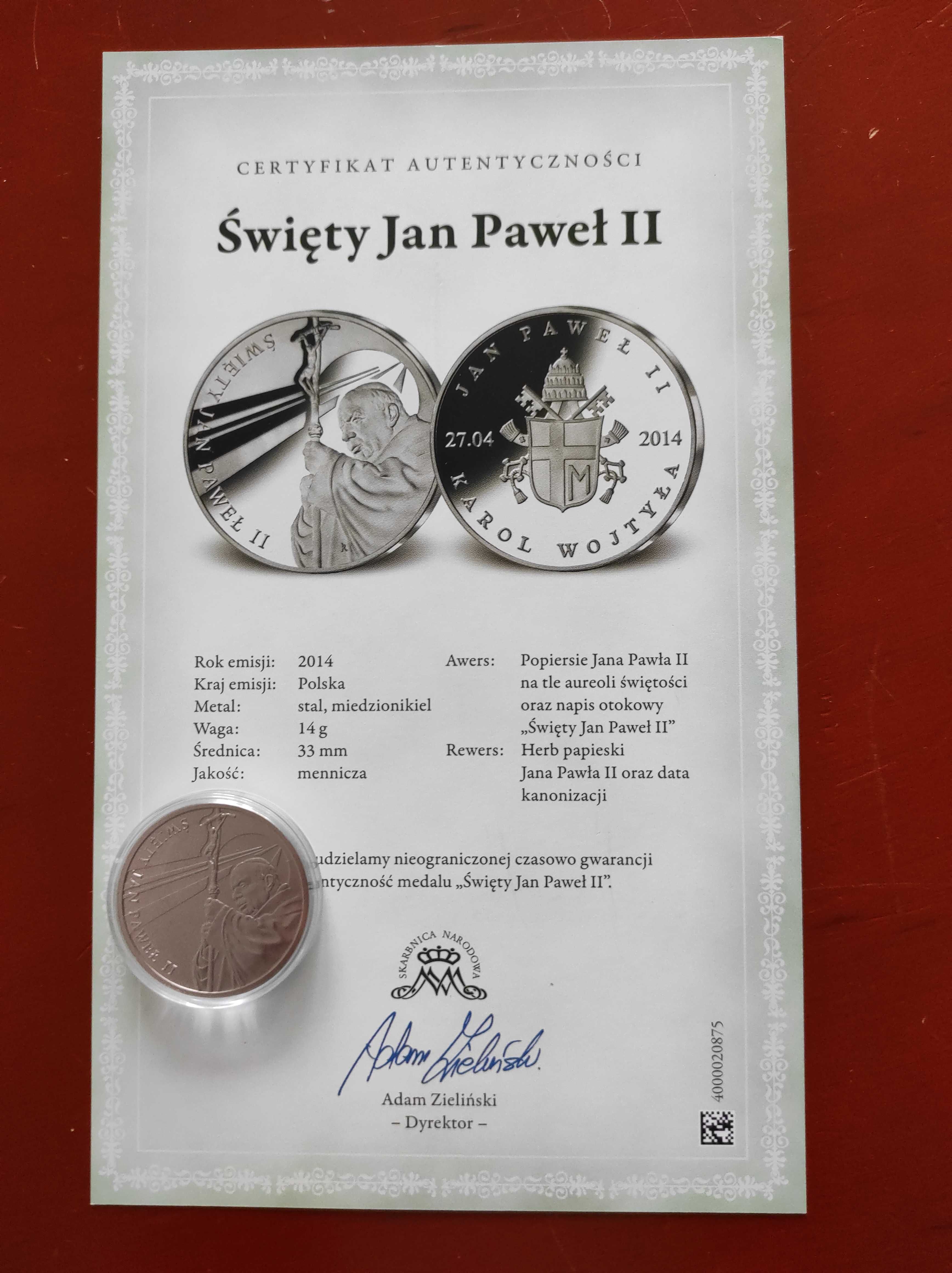 Medal Święty Jan Paweł II z certyfikatem